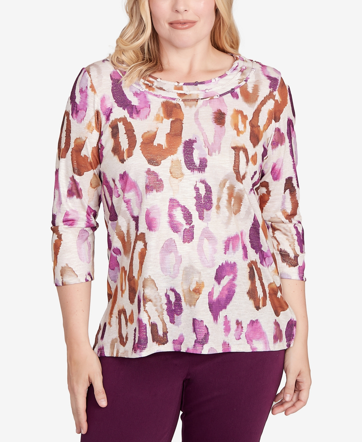 Women's Urban Legend Dramatic Animal Three Quarter Sleeve Top - Oatmeal Multi