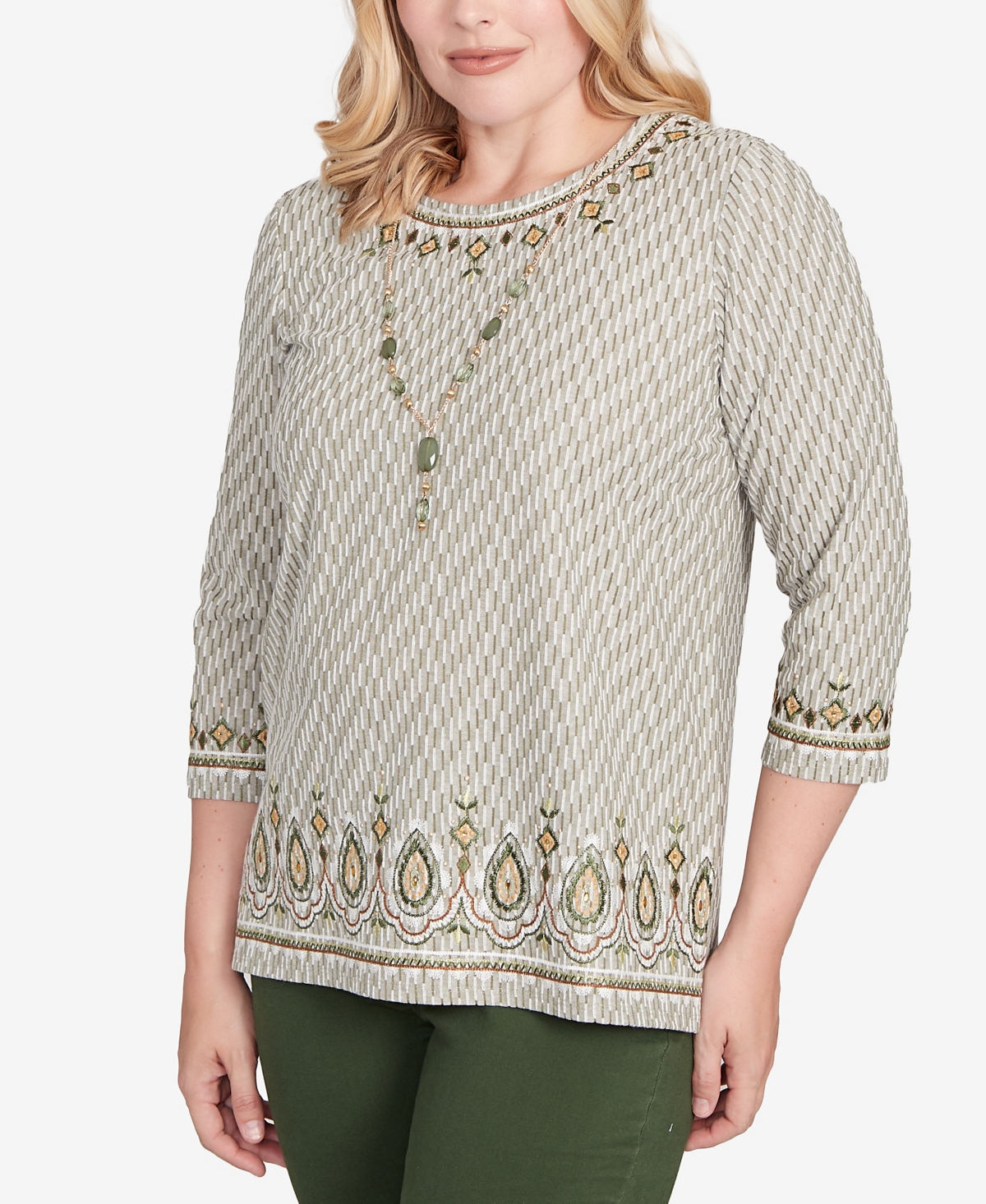 Alfred Dunner Women's Mount Laurel Textured Medallion Bordered Top with Necklace