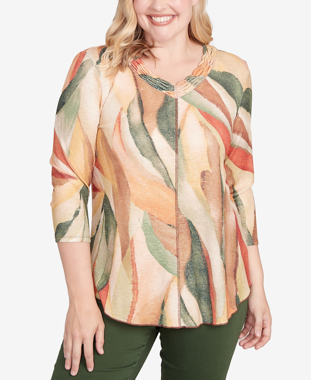 Women's Mount Laurel Stained Glass Shimmer V-Neck Top - Pine Multi