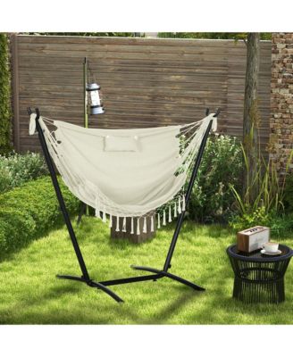 Patio Hammock Chair with Stand, Outdoor Hammock Swing Hanging Lounge Chair with Side Pocket and Headrest, Cream White