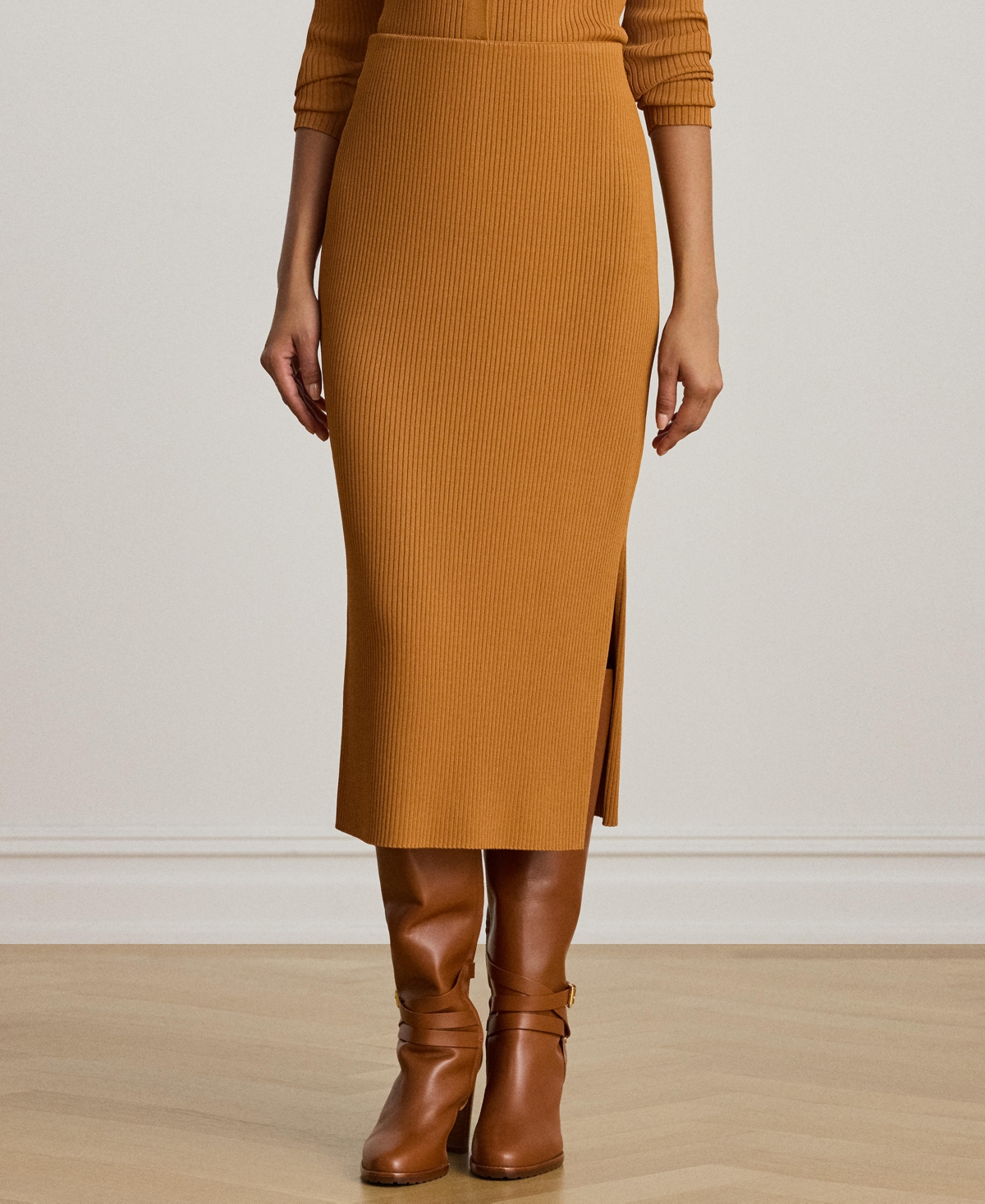 Ralph Lauren Rib-knit Pencil Midi Skirt In Brown