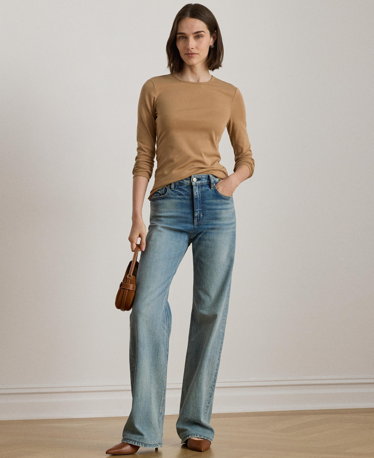 Ralph Lauren Cotton-blend Long-sleeve Top In Brown