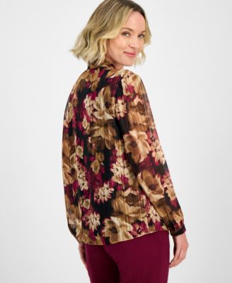 Floral-Print V-Neck Long-Sleeve Blouse, Regular & Petites