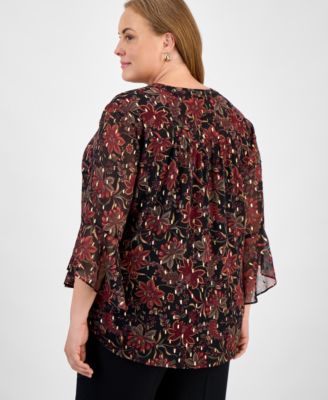 Plus Size Printed V-Neck Flutter-Sleeve Top