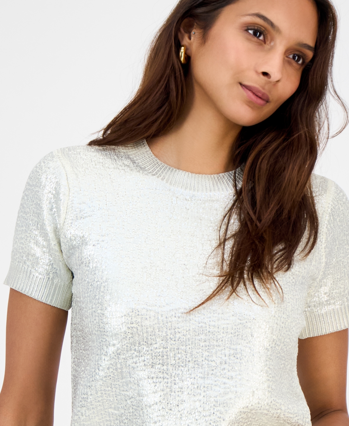 Bar Iii Women's Foiled Short-sleeve Sweater, Macy's Exclusive In Metallic