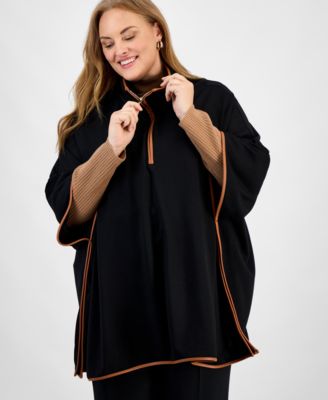 Jones New York - Plus Size Faux-Leather-Trim Quarter-Zip Poncho