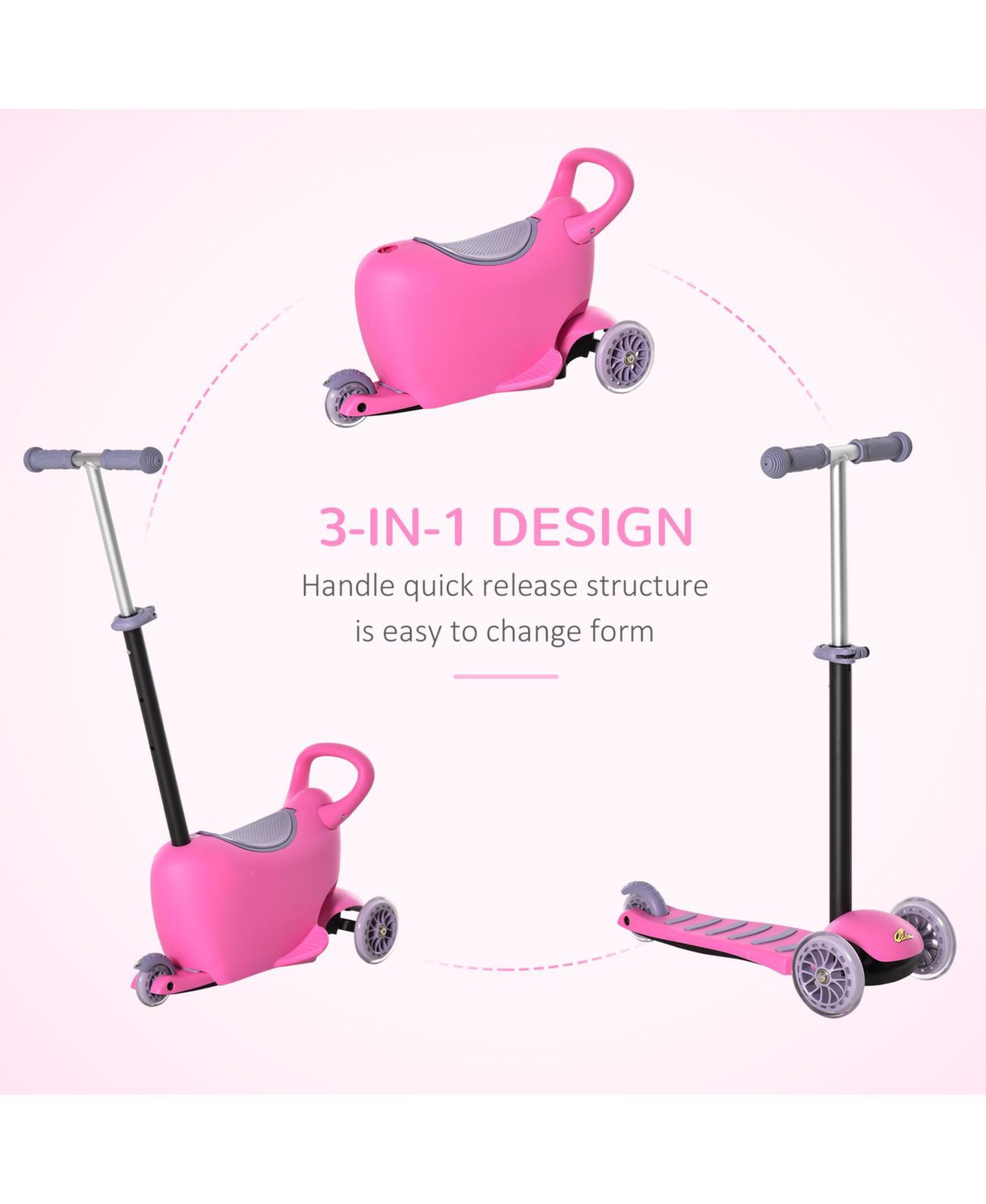 Детская игрушка Qaba 3-in-1 Kids Scooter, Adjustable Handlebar, 44 lbs Capacity, Ages 2-6 — фото 3