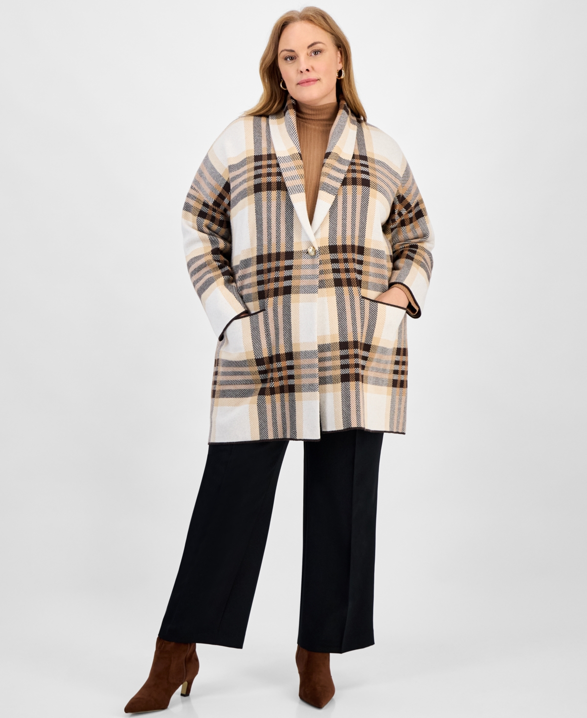 Jones New York Plus Size Plaid Shawl-collar Coatigan In Multi