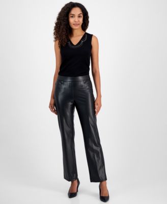 Kasper - Faux-Leather Mid-Rise Straight-Leg Pants, Regular & Petites
