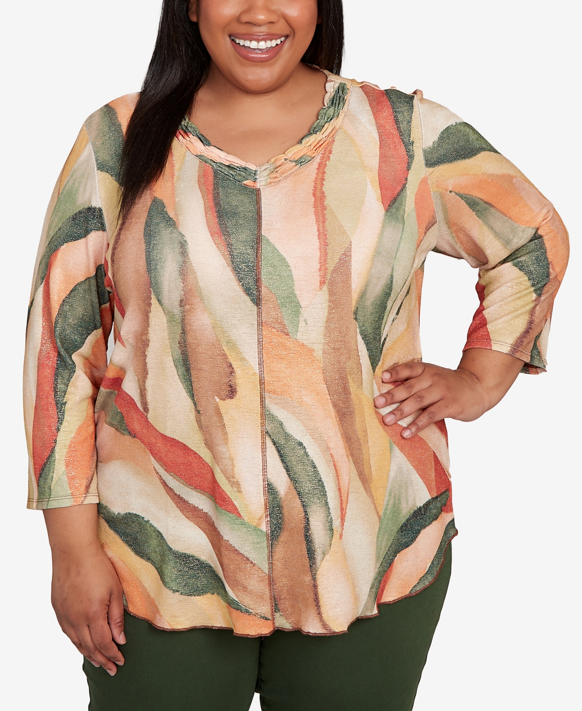 Plus Size Mount Laurel Stained Glass Shimmer V-Neck Top - Pine Multi