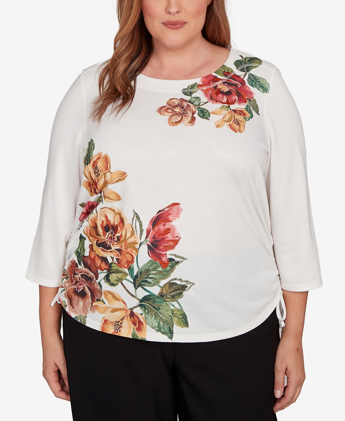 Plus Size Mount Laurel Asymmetric Floral Side Tie Top - Ivory