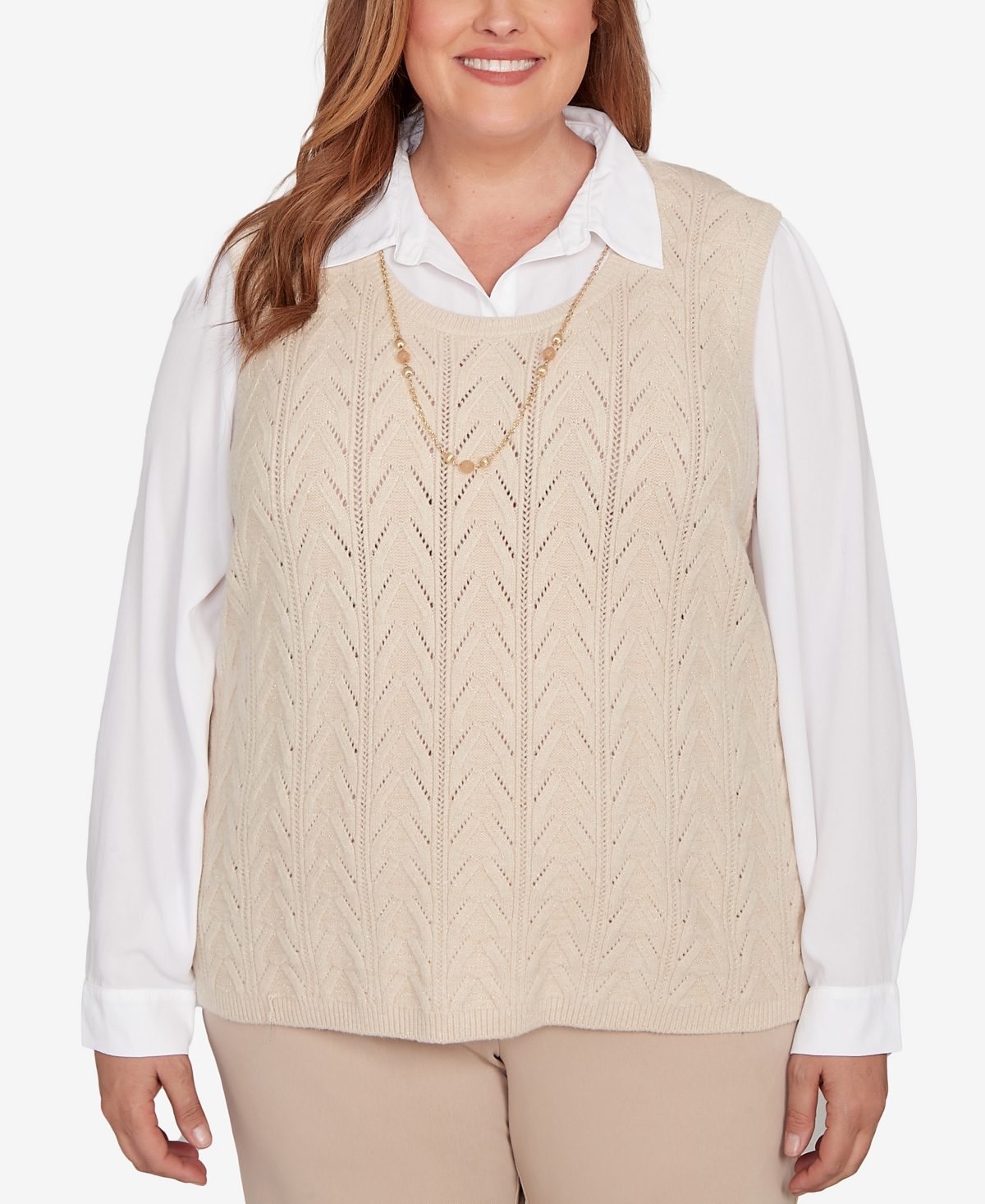 Alfred Dunner Plus Size Urban Legend Pointelle Texture Two In One Sweater With Necklace In Gray