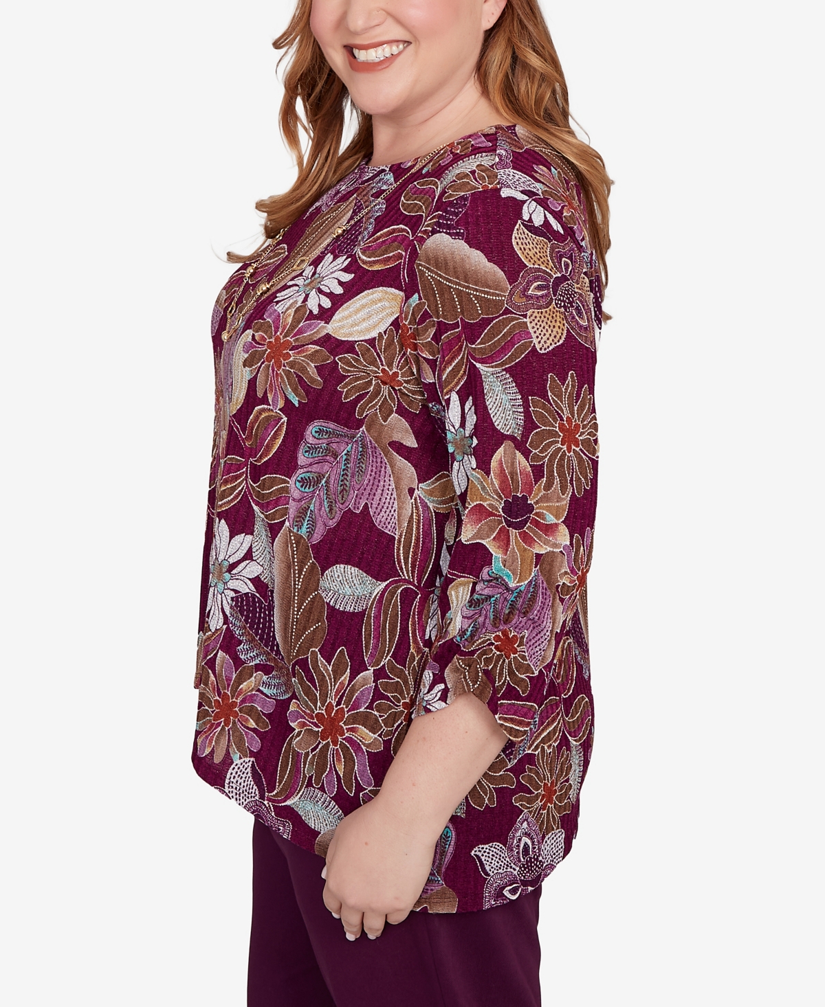Alfred Dunner Plus Size Urban Legend Batik Floral Melange Printed Top In Multi