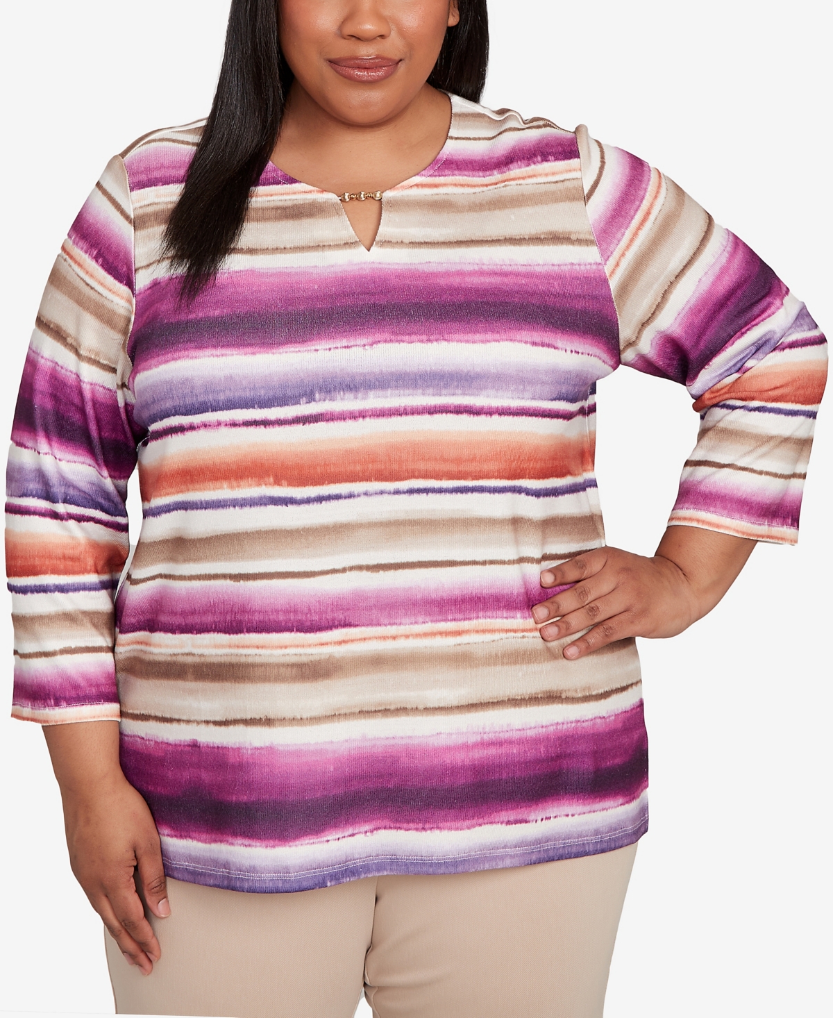 Plus Size Urban Legend Watercolor Biadere Beaded Split Neck Top - Plum Multi