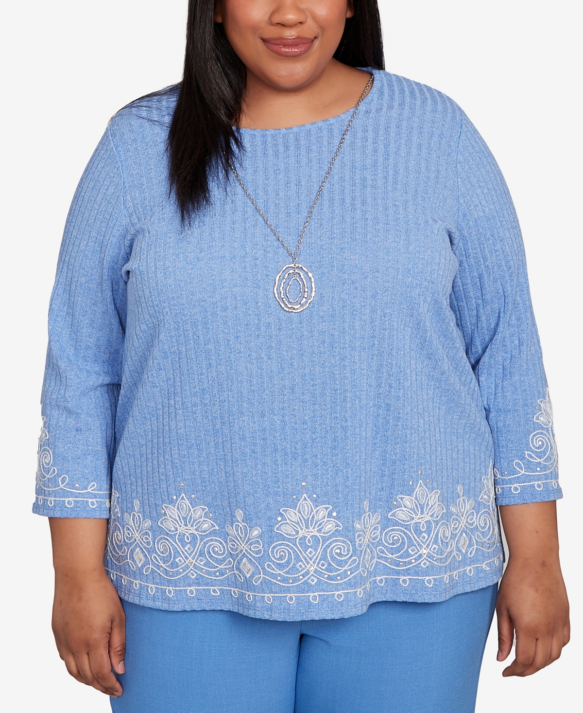 Plus Size As Usual Medallion Bordered Periwinkle Pull On Top with Necklace - Perriwinkle