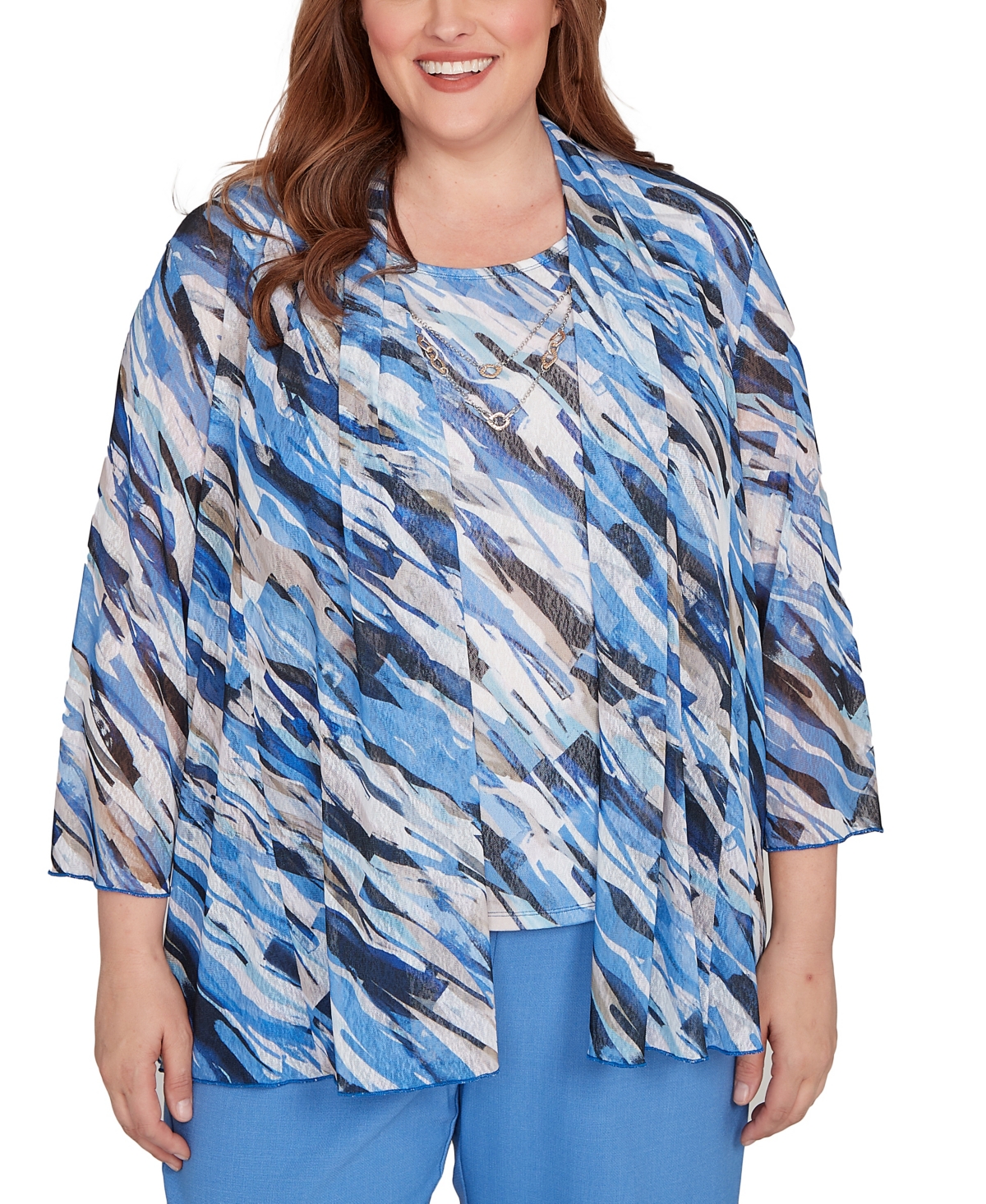 Plus Size Textured Mesh Printed Two in One Top with Necklace - Blue Multi