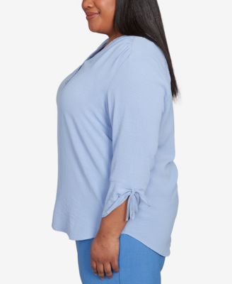 Plus Size As Usual Tie Sleeve Crinkle Textured Henley Top