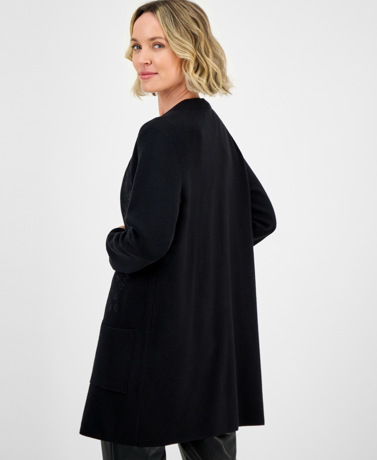 Kasper Women's Windowpane Open-front Cardigan In Black