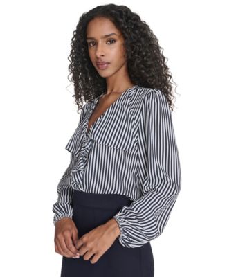 Women's Striped V-Neck Ruffle Top