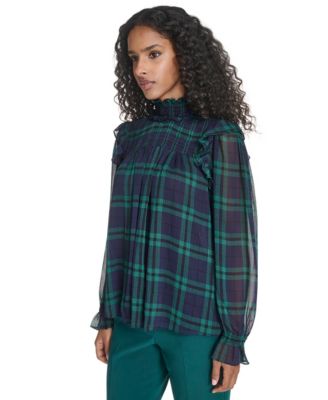 Women's Plaid Peasant Mock Neck Top