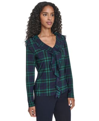 Women's Long Sleeve Plaid Mixed Media Ruffle Top