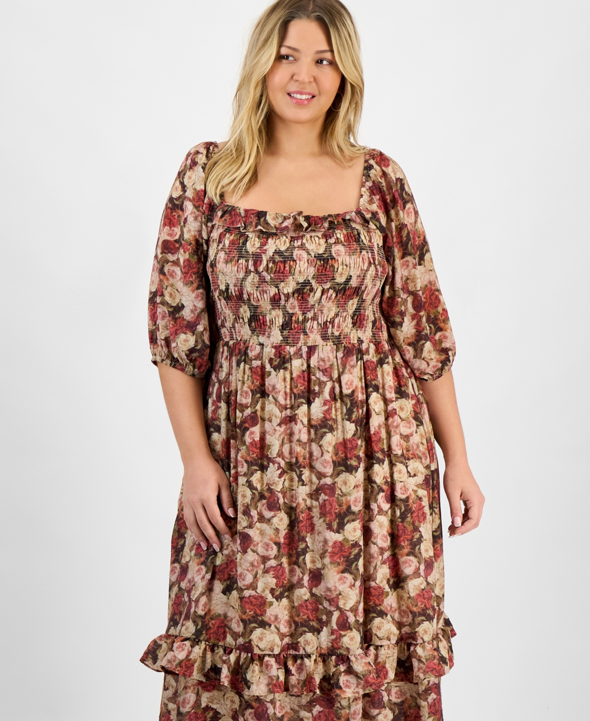 And Now This Trendy Plus Size Printed Puff-sleeve Maxi Dress, Macy's Exclusive In Brown