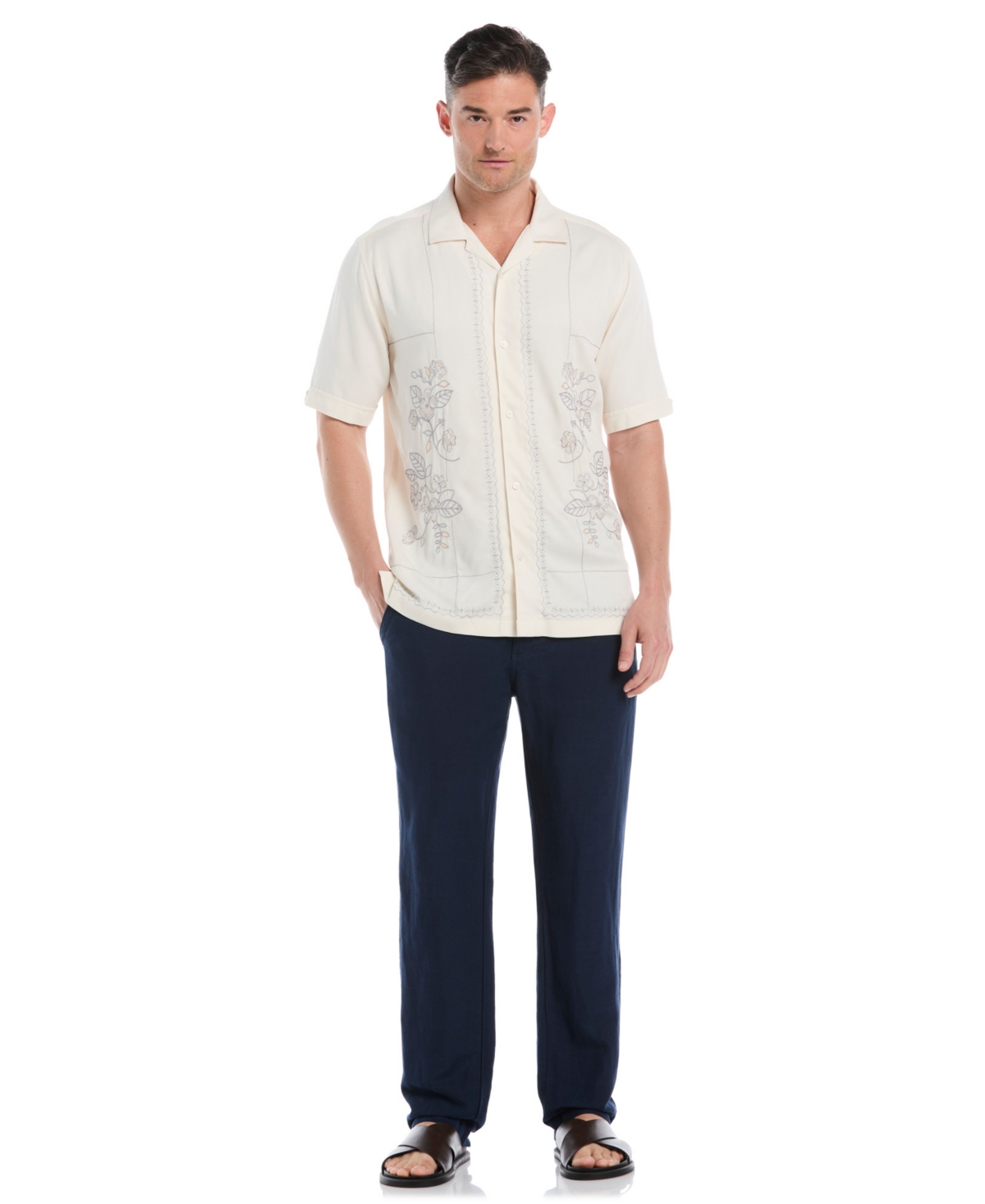 Cubavera Men's Embroidered L-shape Short Sleeve Button Down Shirt In Neutral