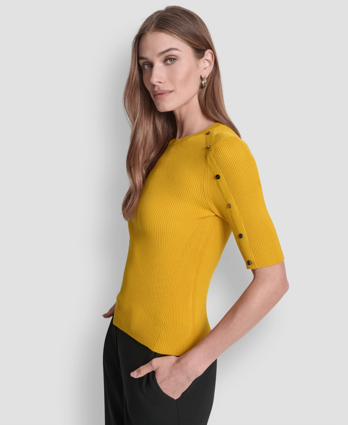 Dkny Women's Button Detail Short Sleeve Sweater In Yellow