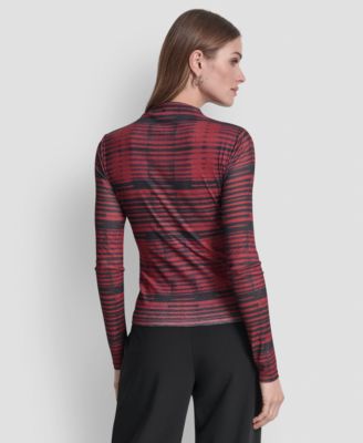 Women's Long Sleeve Fitted Funnel Neck Tissue Mesh Top