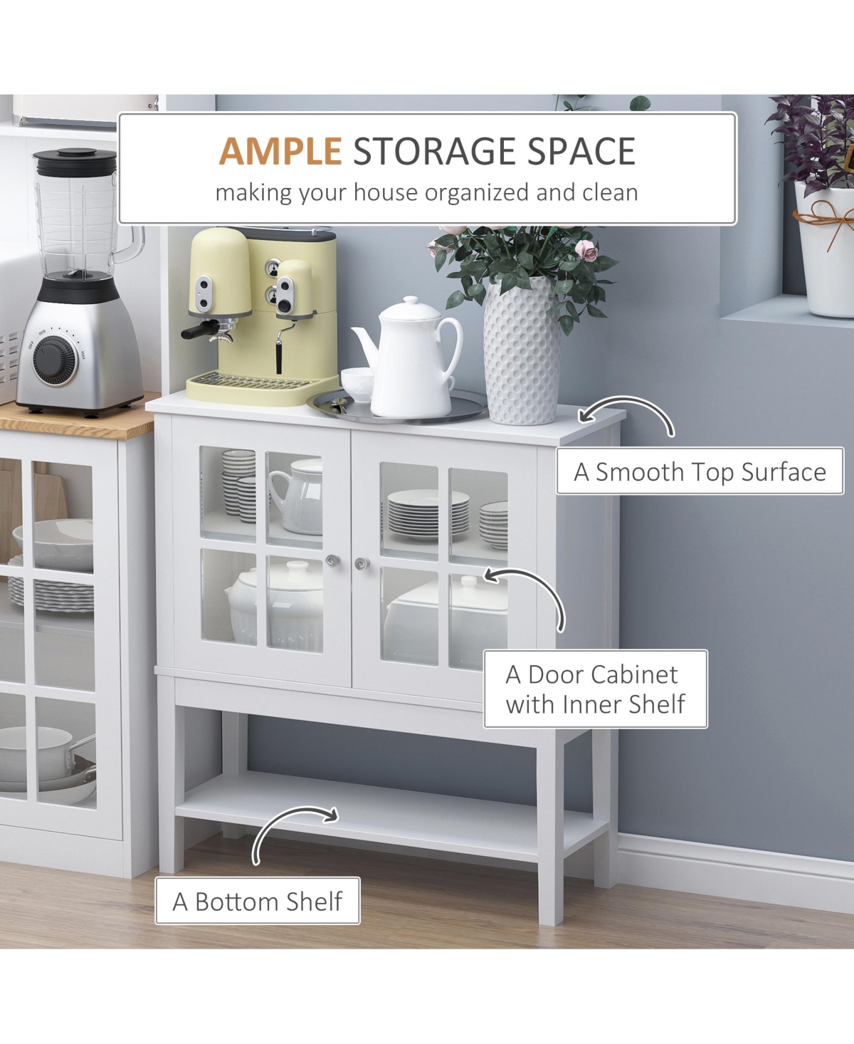Homcom Modern Kitchen Solid Storage Sideboard Cabinet w/Glass Doors,