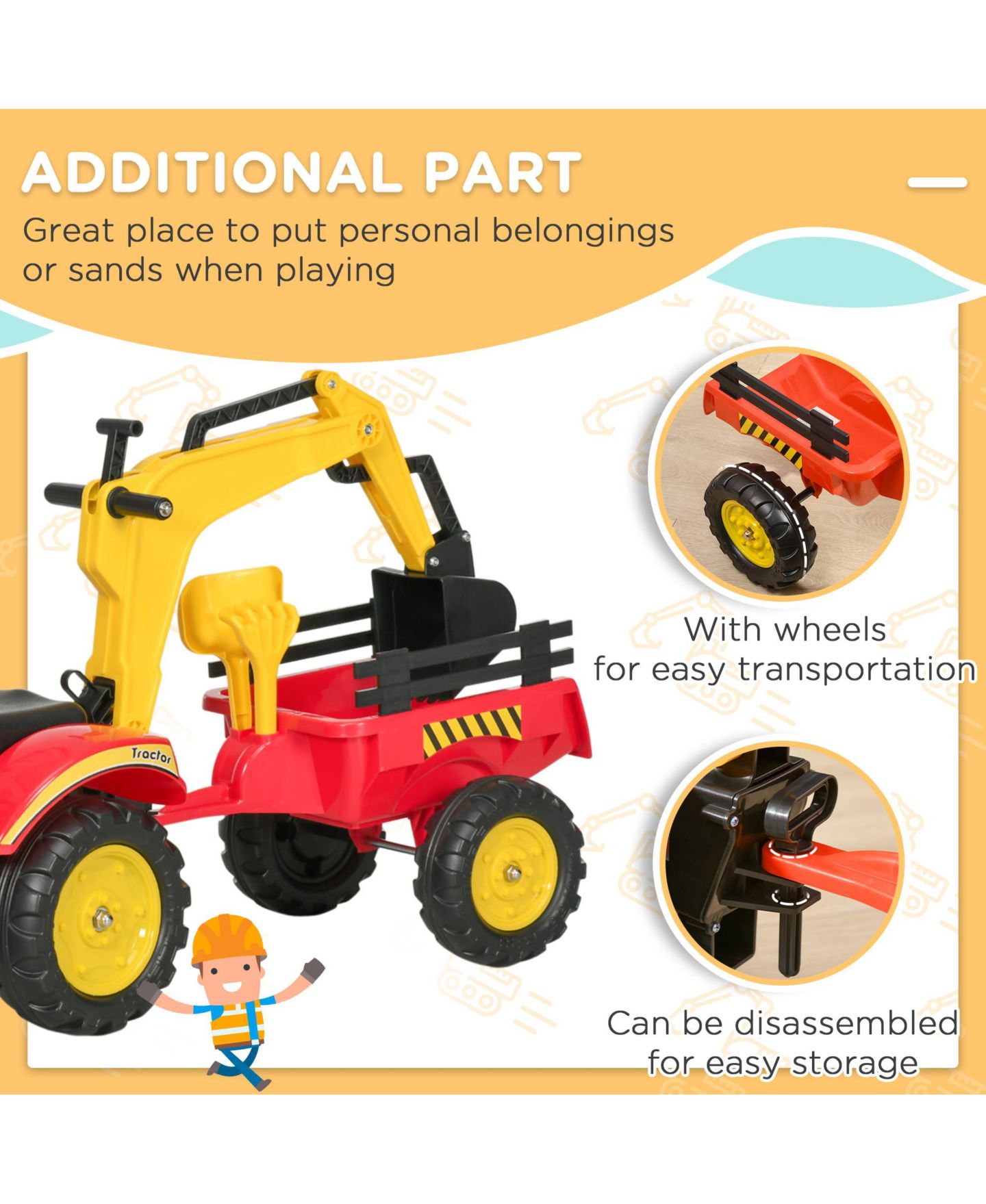 Детская игрушка Aosom Pedal Excavator Ride-On Toy, 70.5"L x 16.5"W x 23.25"H, 77 lbs Capacity, Ages 3+ — фото 7