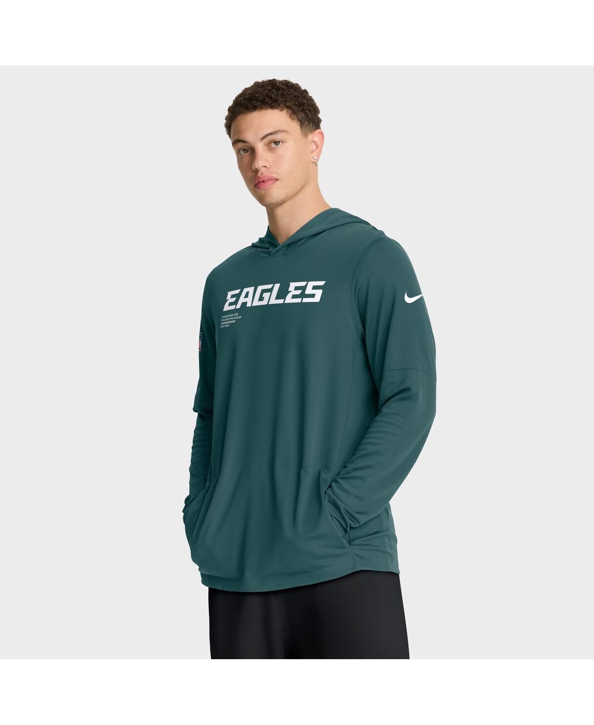 Мужская темно-зеленая футболка Philadelphia Eagles Sideline Pure Fury Performance с длинным рукавом и толстовкой с капюшоном