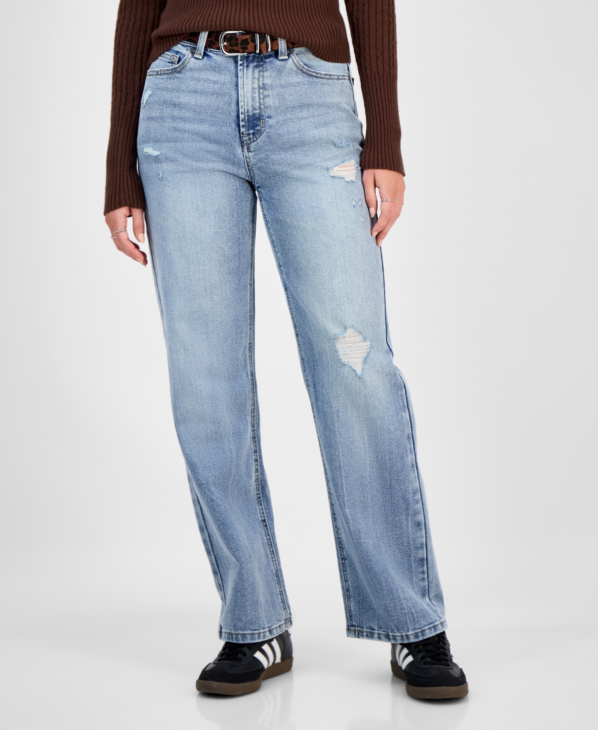 Tinseltown Juniors' Belted Slim-fit Wide-leg Jeans In Blue