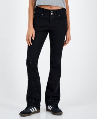 Juniors' Rhinestone Embellished Mid Rise Bootcut Jeans