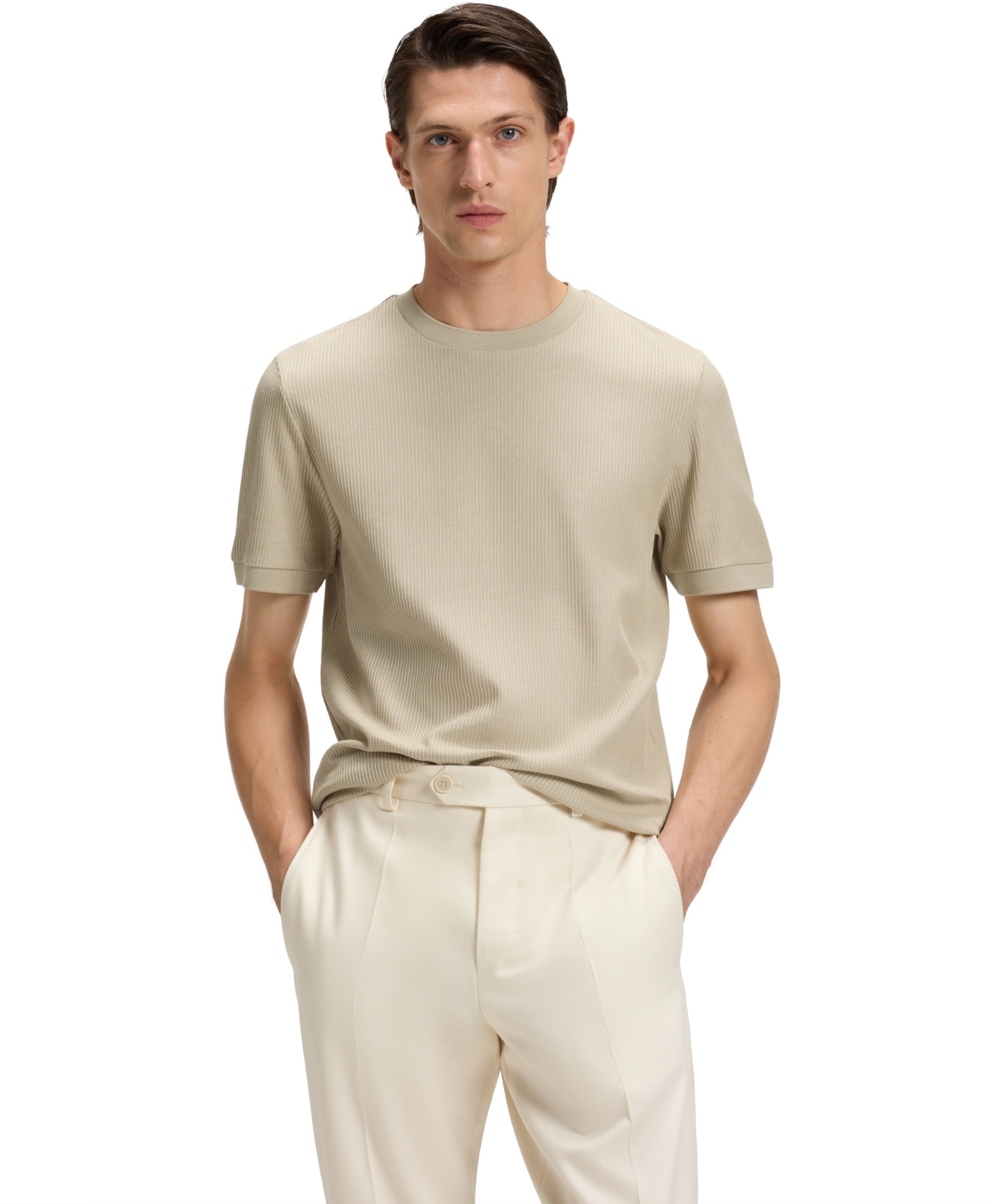 Boss by Hugo Boss Men's Regular-Fit Structured Cotton T-Shirt - Open Beige