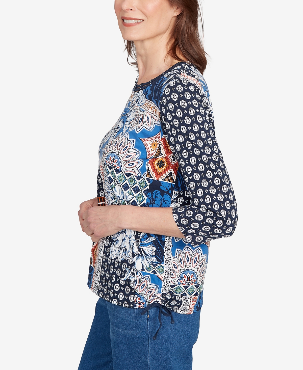 Alfred Dunner Petite Batik Patchwork Drawstring Closure Top In Multi