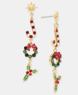 Holiday Lane - Crystal & Imitation Pearl Candy Cane Linear Drop Earrings