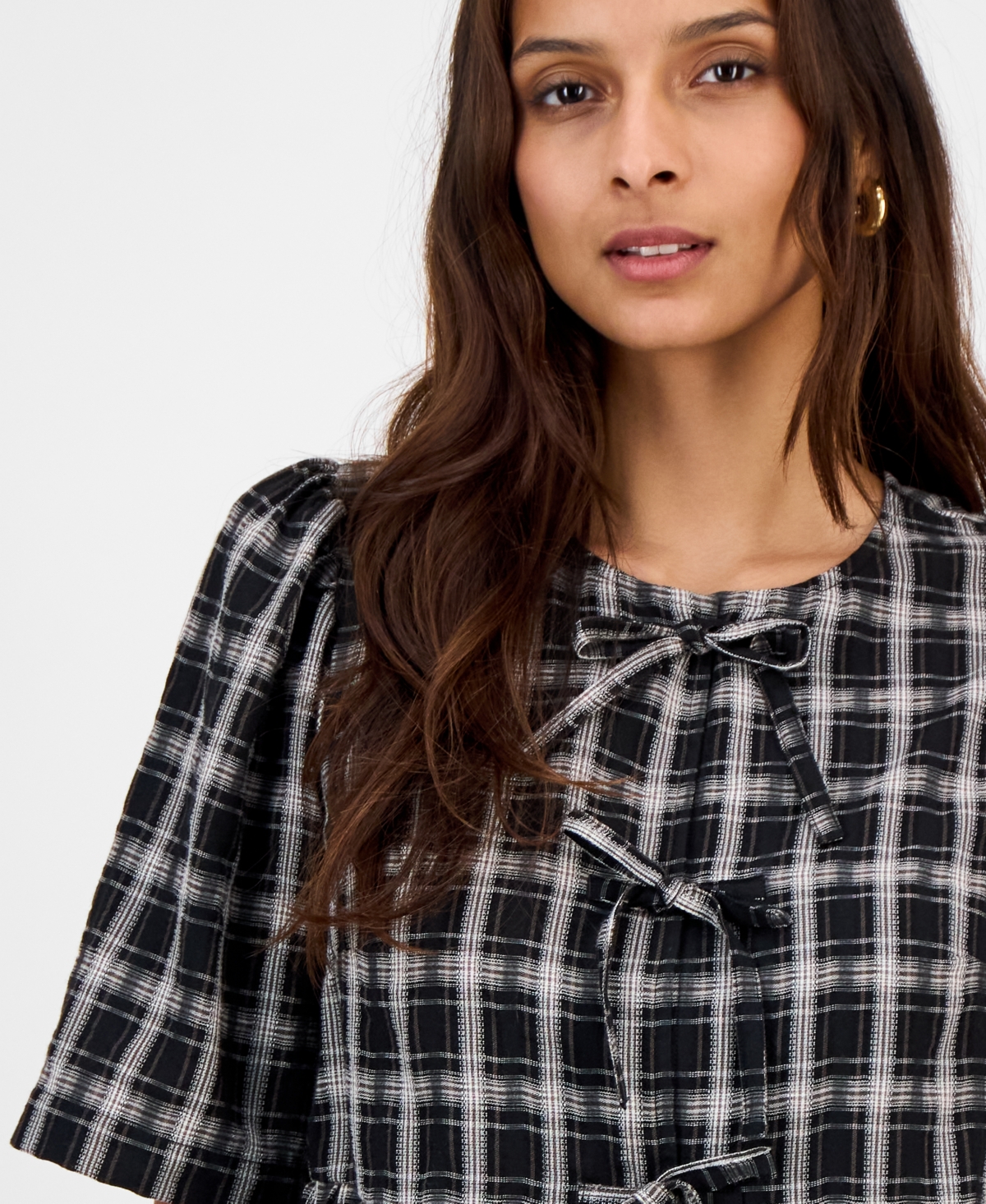 And Now This Women's Plaid Tie-front Peplum Top, Macy's Exclusive In Black