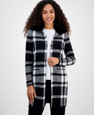 Kasper - Women's Plaid Faux-Fur-Collar Coatigan