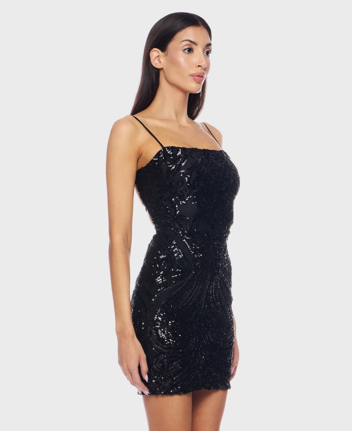 B Darlin Juniors' Strappy Mesh Sequin Bodycon Dress In Black