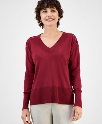 JM Collection - Women's Lace-Up Shoulder V-Neck Sweater