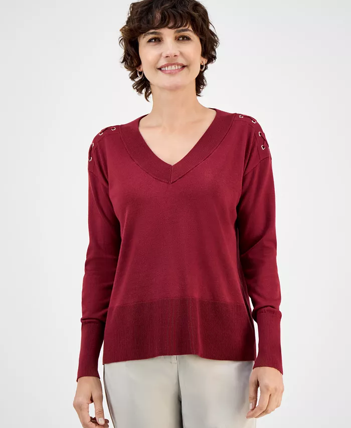 Women's Lace-Up Shoulder V-Neck Sweater