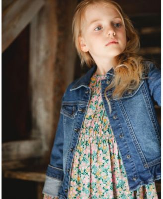 Girl Denim Jacket Blue with Ruffle Hem and Floral Embroidery - Toddler|Child