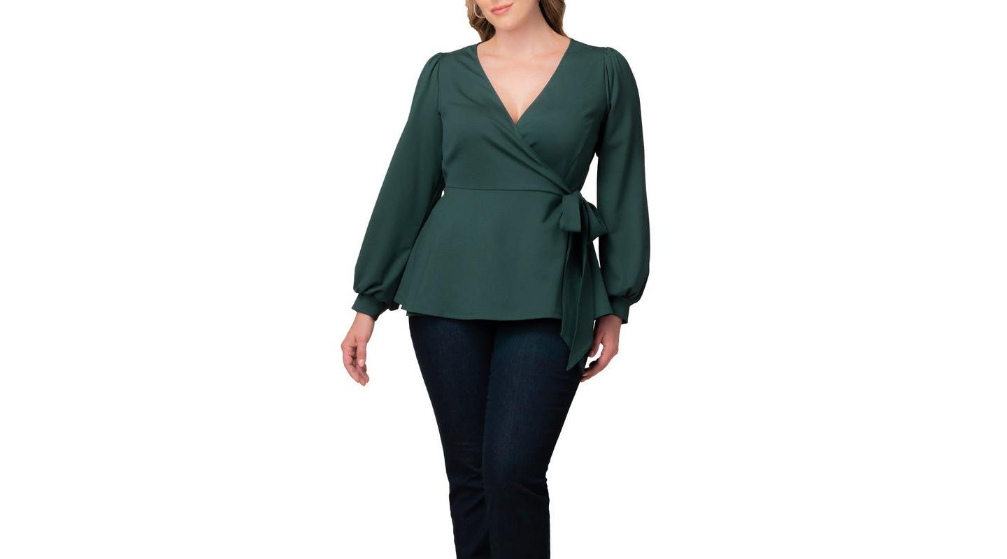 Женский топ Kiyonna Plus Size Natasha Long Sleeve Wrap, цвет: Тёмно-зелёный — фото 1