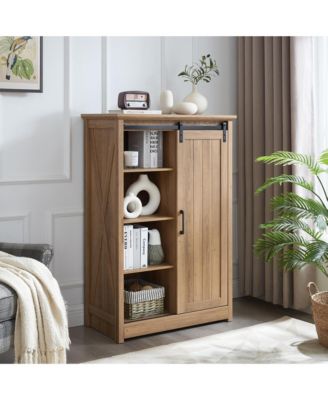 Farmhouse Modern Sliding Barn Door Cabinet with 5 Chest Drawers