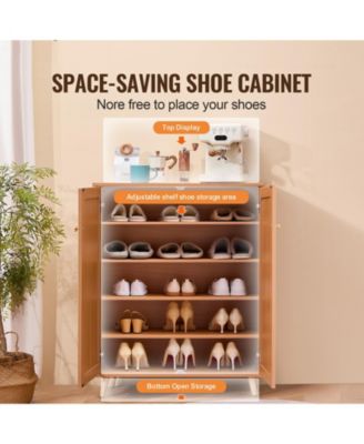 Rattan Shoe Cabinet with 2 Doors, 5-Tier Shoe Organizer with Adjustable Shelves