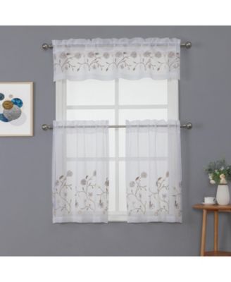 Complete 3 Piece Embroidered Shabby Floral Roses Sheer Cafe Kitchen Curtain Tier & Valance Set - Neutral/Linen