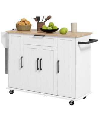White Kitchen Island with Wood Top and Storage Cabinet
