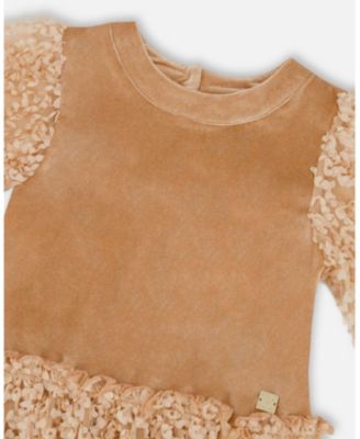 Big Girls Puff Sleeve Bi-Material Velour and Lace Dress Light Caramel