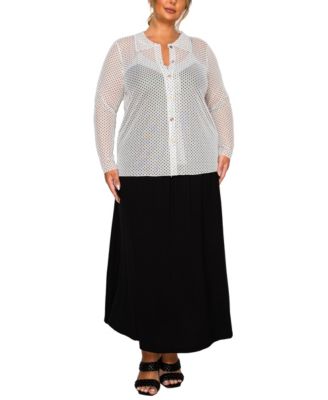 Plus Size Dot Mesh Button Front Long Sleeve Top